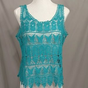Turquoise Butterfly Crop Lace Crochet Cobweb Knit Tank Top Dark Aqua Weave